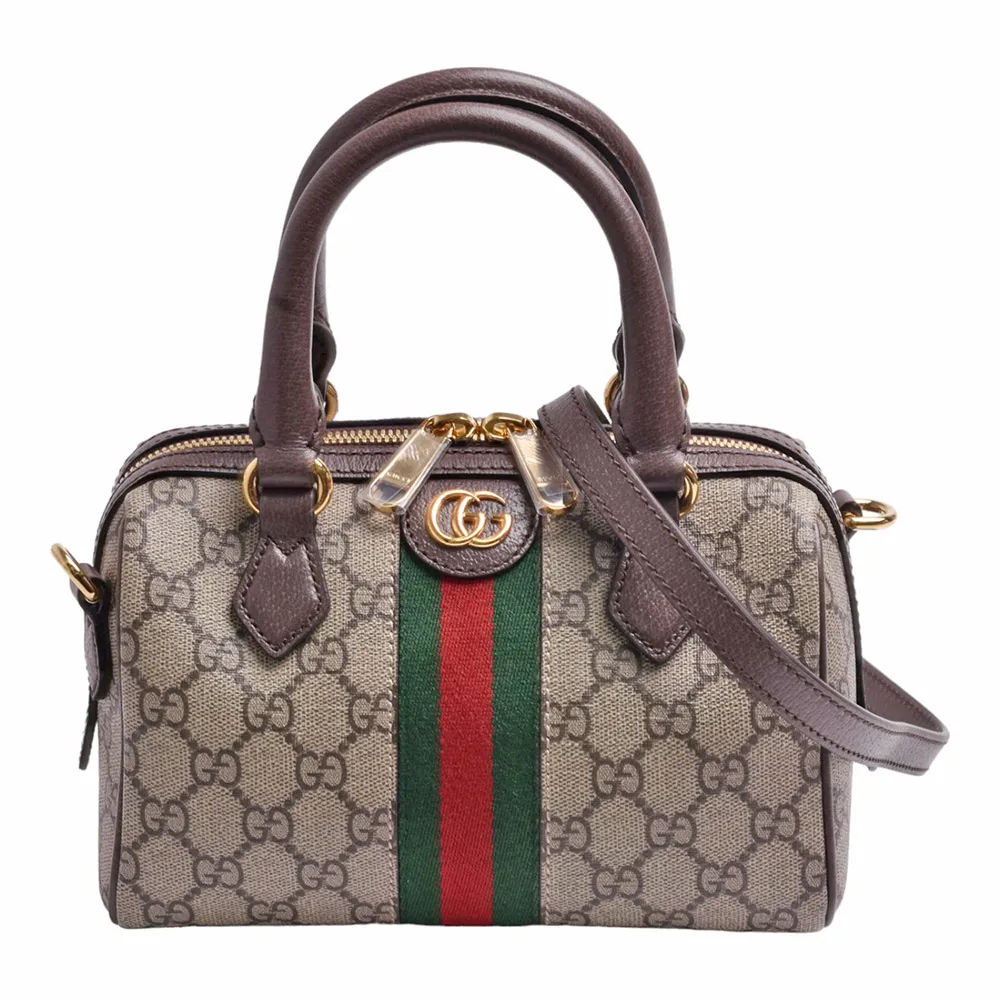 【GUCCI 古馳】經典Ophidia GG Supreme印花帆布手提/斜背波士頓包(迷你-烏木色772053-96IWG-8745)