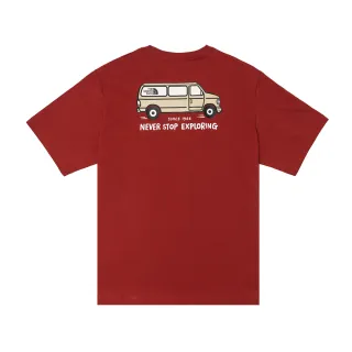 【The North Face】北面男女款紅色純棉胸前趣味露營車印花寬鬆短袖T恤｜88GHPOJ
