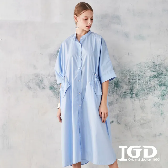 【IGD 英格麗】網路獨賣款-立領連袖口袋洋裝(藍色)