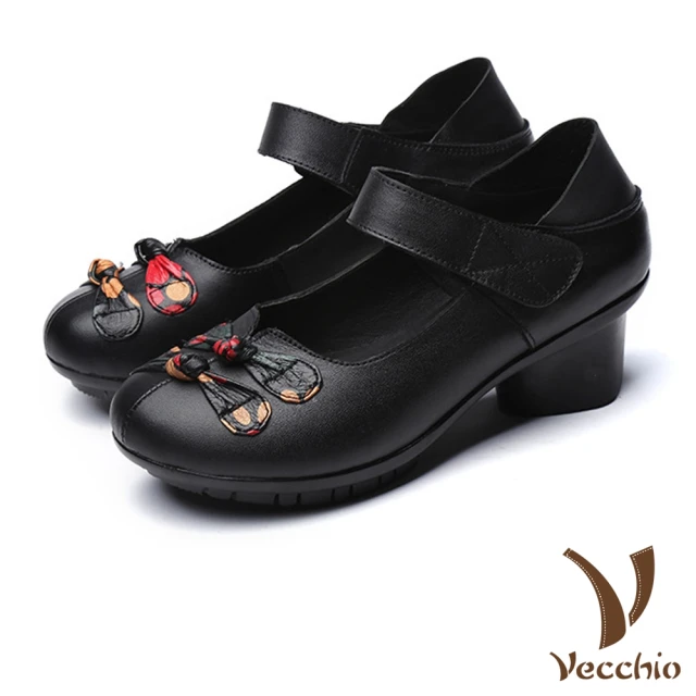 VecchioVecchio 真皮跟鞋 粗跟單鞋/真皮復古中國風結釦造型粗跟單鞋(黑)