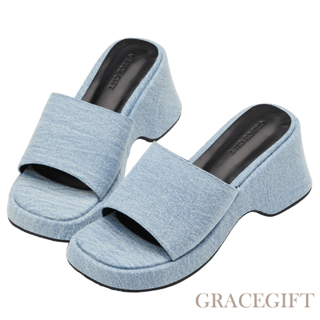 【Grace Gift】時髦圓方頭厚底拖鞋(牛仔)