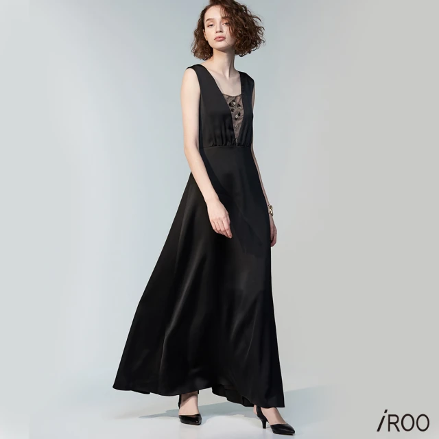 iROOiROO 黑色V領緞面洋裝