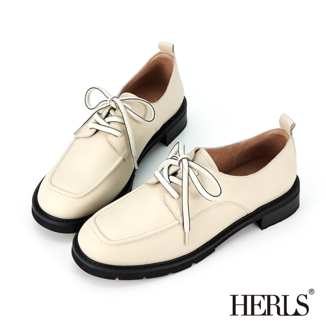 HERLSHERLS 牛津鞋-全真皮雙色鞋帶大頭厚底牛津鞋（附一般鞋帶）(米白色)