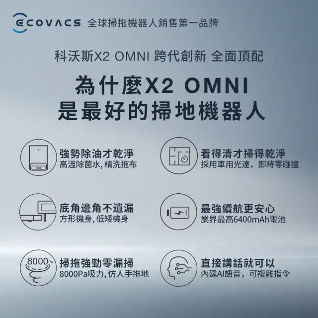 【ECOVACS 科沃斯】DEEBOT X2 OMNI全能方形旗艦掃拖機器人(分段集塵熱洗拖布/最強吸力/底邊角清潔)