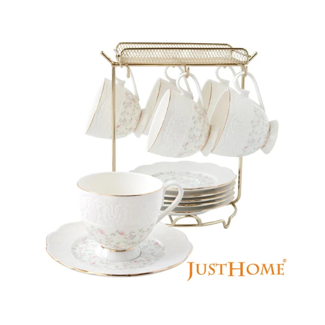 【Just Home】骨瓷咖啡杯盤12件禮盒組附收納架(多款花色可選)