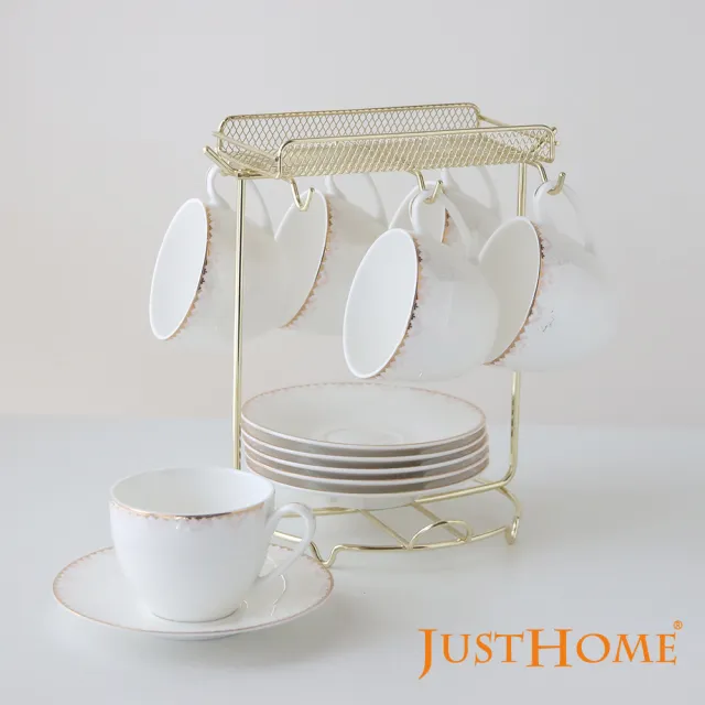 【Just Home】骨瓷咖啡杯盤12件禮盒組附收納架(多款花色可選)