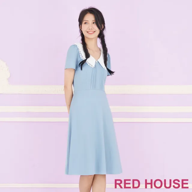 【RED HOUSE 蕾赫斯】輕柔雙層蕾絲領氣質洋裝(水藍色)