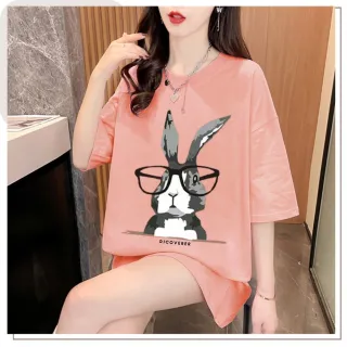 【Lydia】現貨 短袖上衣 only size寬鬆T恤 可愛眼鏡兔兔燙印設計(灰藍色、粉橘色、黑色、白色)