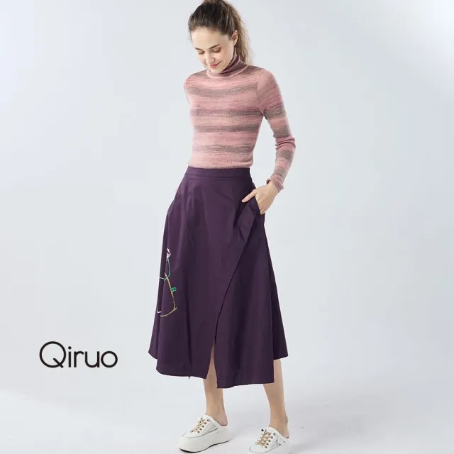 【Qiruo 奇若名品】春夏專櫃紫色長裙4124B 拼接時尚線圖(M-2XL)