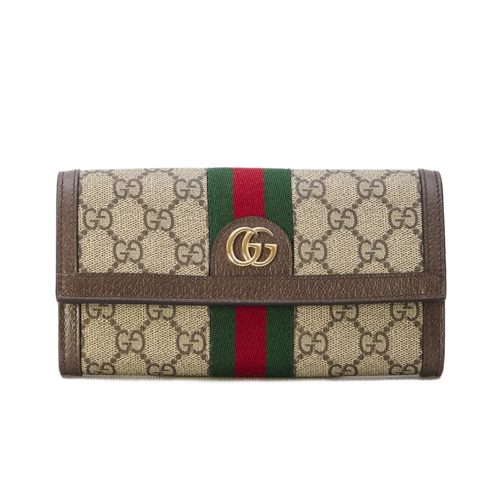 【GUCCI 古馳】Ophidia GG 印花帆布 牛皮飾邊 扣式 皮夾 長夾 米色 烏木色 523153