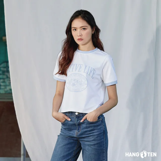 【Hang Ten】女裝-韓國同步款-撞色短版印花短袖T恤(多色選)