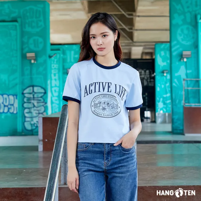 【Hang Ten】女裝-韓國同步款-撞色短版印花短袖T恤(多色選)