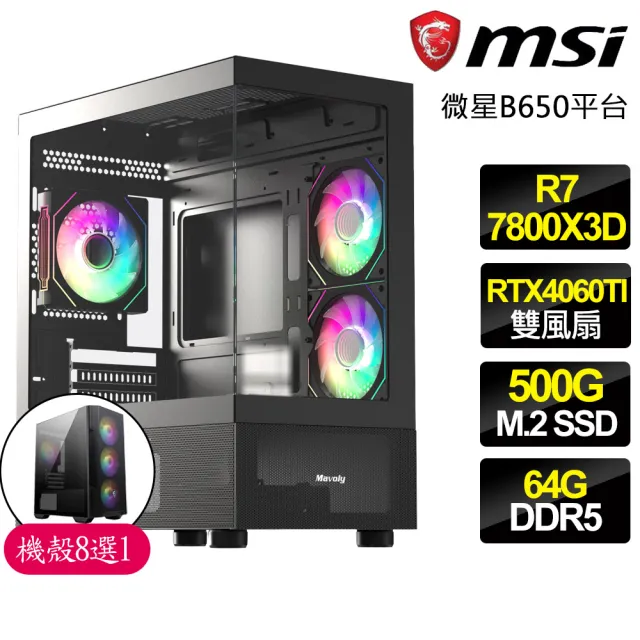 【微星平台】R7八核 Geforce RTX4060TI 8G{驚訝}電競電腦(R7-7800X3D/B650/64G D5/500GB)
