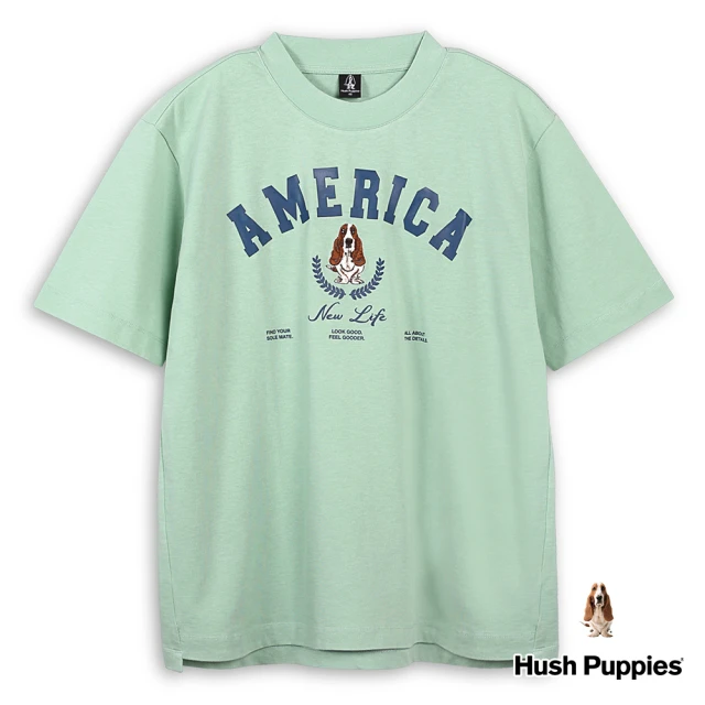 Hush Puppies 男裝 上衣 經典品牌印花刺繡狗寬鬆落肩小立領上衣(淺綠 / 43110111)