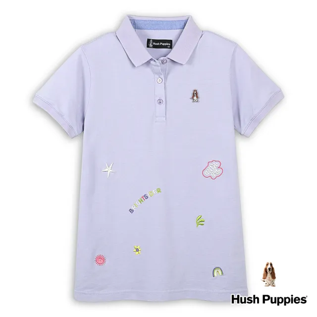 【Hush Puppies】女裝 POLO衫 趣味繡花刺繡小狗短袖POLO衫(淺紫 / 43201105)