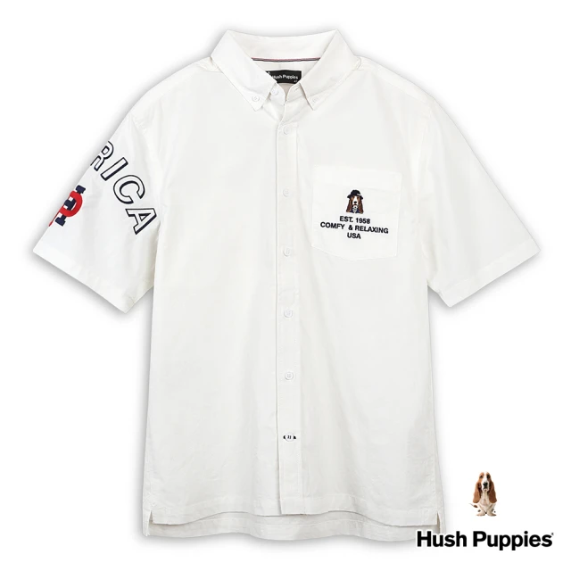 Hush Puppies 男裝 襯衫 經典品牌英文毛巾繡漁夫帽狗寬版短袖襯衫(米白 / 43112110)