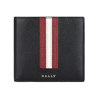 【BALLY】BALLY Teisel銀字金屬LOGO防刮牛皮飾直條紋設計4卡對折男士短夾(黑x紅白條紋)