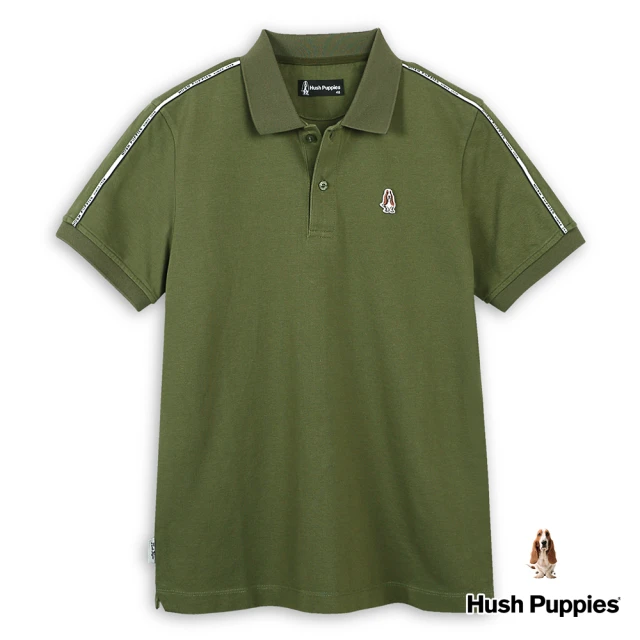 Hush Puppies 男裝 POLO衫 素面品牌英文織帶小狗短袖POLO衫(軍綠 / 43101111)