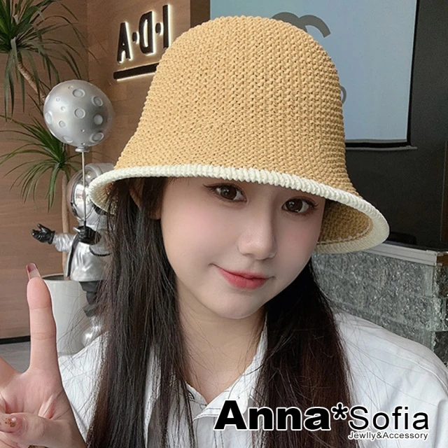 AnnaSofia 遮陽防曬漁夫帽鐘型帽盆帽-線織滾色邊 現貨(黃駝米邊系)