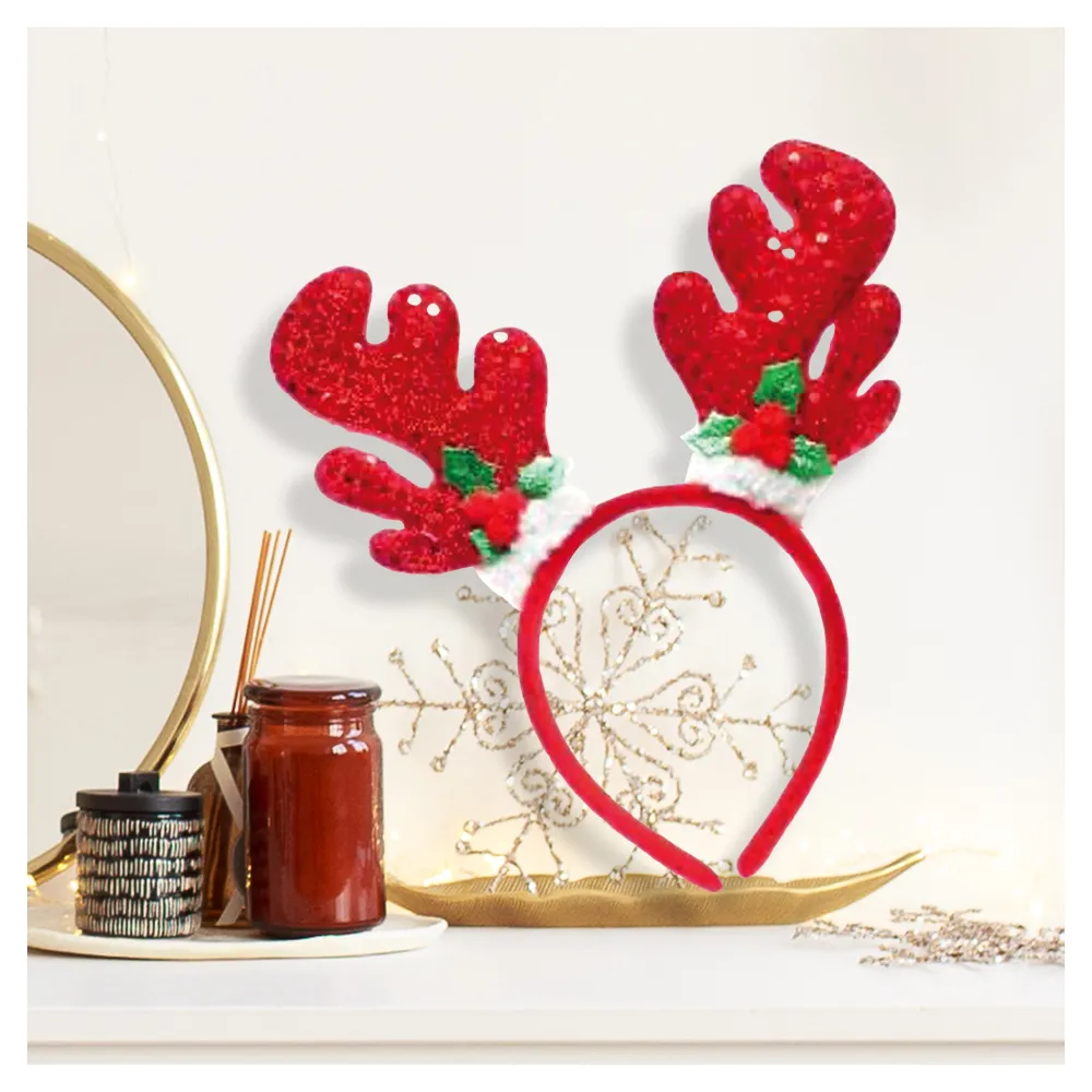 【交換禮物】摩達客-亮片鹿角聖誕葉髮箍(紅色)