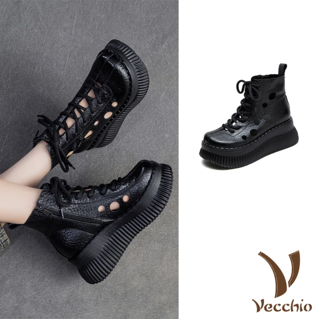 VecchioVecchio 真皮短靴 厚底短靴/真皮頭層牛皮復古幾何縷空繫帶鬆糕厚底短靴 涼靴(黑)