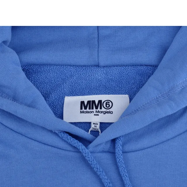 【MM6 MAISON MARGIELA】MM6 Maison Margiela黑字LOGO棉質長袖連帽T恤(女款/藍)