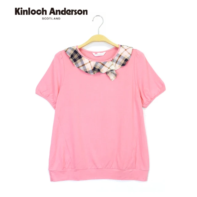 Kinloch Anderson 格紋荷葉斜領棉質短袖上衣 金安德森女裝(KA0885307 粉/藏青)