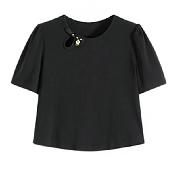 【MsMore】黑色盤扣圓領短袖短版上衣#121497(黑)