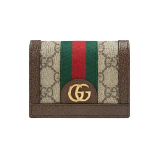 【GUCCI 古馳】GUCCI Ophidia GG系列 經典老花 米色 烏木色 帆布 帶扣兩摺 錢包 短夾(52315596IWG8745)