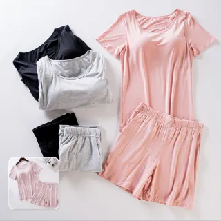 【Osun】Bra-T莫代爾帶胸墊短袖上衣寬鬆短褲睡衣套裝居家服(顏色任選-CE351)
