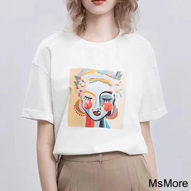 【MsMore】印花短袖T恤休閒減齡圓領短版上衣#121505(白)