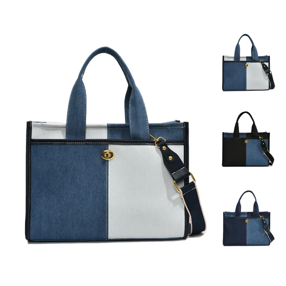 【Rosse Bags】流行雙色拼接牛仔布通勤大容量托特包(現+預 黑色／深藍色／淺藍色)
