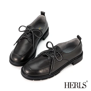 【HERLS】牛津鞋-全真皮雙色鞋帶大頭厚底牛津鞋（附一般鞋帶）(黑色)