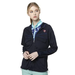 【Lynx Golf】女款彈性舒適涼爽透氣交叉壓條袋蓋連帽長袖外套(深藍色)
