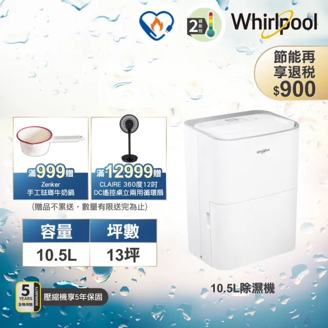 【Whirlpool 惠而浦】二級能效10.5公升節能除濕機WDEE20AW(貨物稅減免$900)