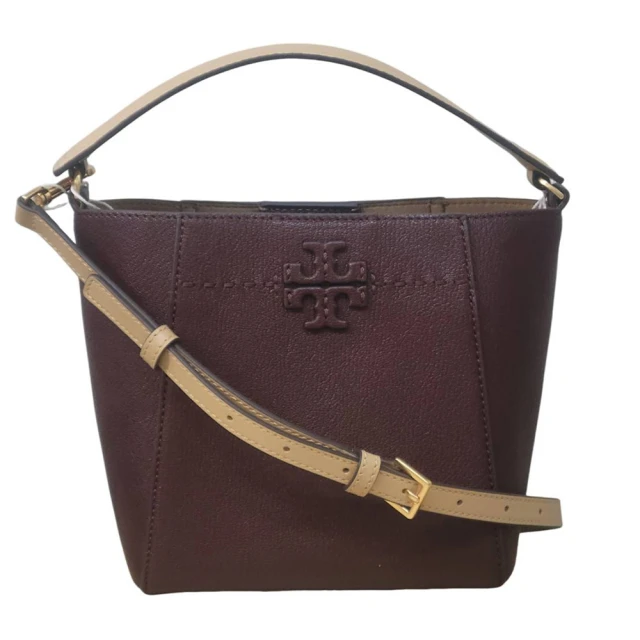 TORY BURCH TORY BURCH 新款McGraw荔枝紋縫線設計水桶包手提斜背兩用包 酒紅色(水桶包/贈原廠紙袋)