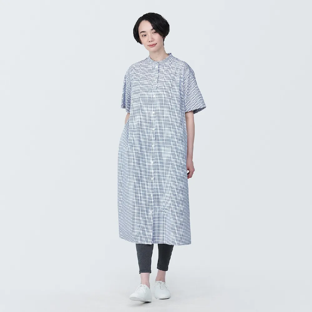 【MUJI 無印良品】女有機棉涼感平織布立領短袖洋裝(共3色)