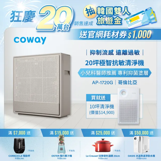 【Coway】極智雙禦空氣清淨機 AP-1720G(超值買一送一 送10坪客製強禦清淨機AP-1018F)