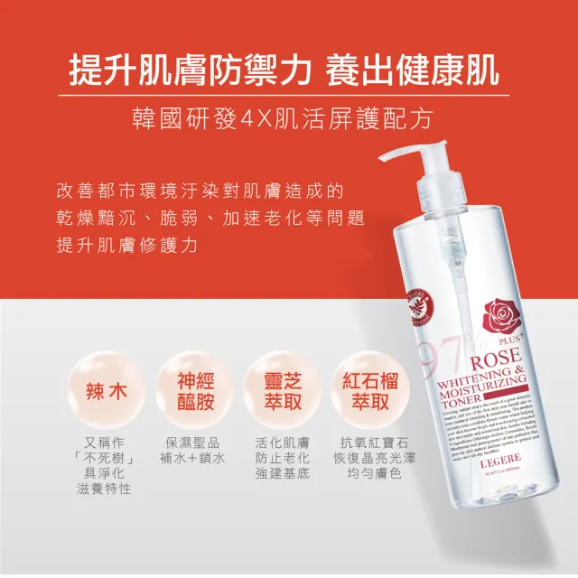 【LEGERE 蘭吉兒】97玫瑰淨白防護精華露(500ml/瓶*4入組)