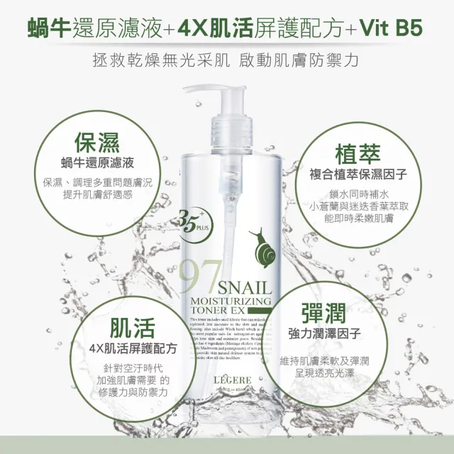 【LEGERE 蘭吉兒】97蝸牛保濕防護精華露(500ml/瓶*4入組)