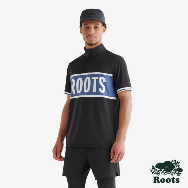 【Roots】Roots 男裝- ACTIVE半拉鍊短袖上衣(黑色)