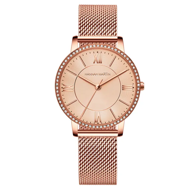 【HANNAH MARTIN】羅馬刻度錶框鑲鑽米蘭帶女士腕錶-項鍊+手錶/大禮盒套組/手錶禮盒(HM-1072)