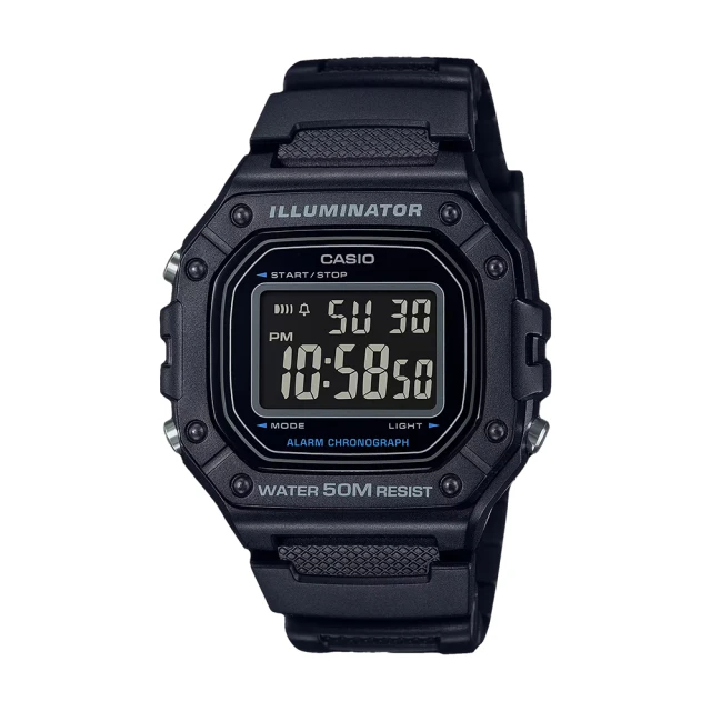【CASIO 卡西歐】電子男錶 膠質錶帶 防水50米 鬧鈴碼錶(W-218H-1B)