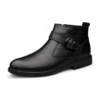 【ANSEL】真皮短靴/真皮頭層牛皮個性皮紋搭釦短靴-男鞋(黑)