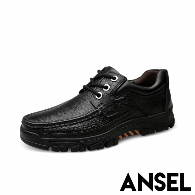 【ANSEL】全真皮頭層牛皮機能防滑手工縫線綁帶造型休閒鞋-男鞋(黑)