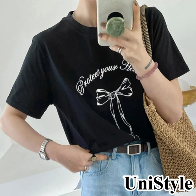 【UniStyle】短袖圓領T恤 韓版蝴蝶結飄帶印花上衣 女 UP1680(黑)