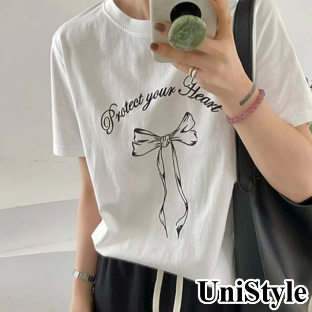 【UniStyle】短袖圓領T恤 韓版蝴蝶結飄帶印花上衣 女 UP1680(白)