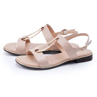 【MAGY】金屬造型飾釦牛皮平底涼鞋(裸色)