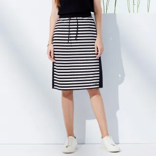 【MYVEGA 麥雪爾】MA綁帶鬆緊腰條紋後開岔八分裙-黑
