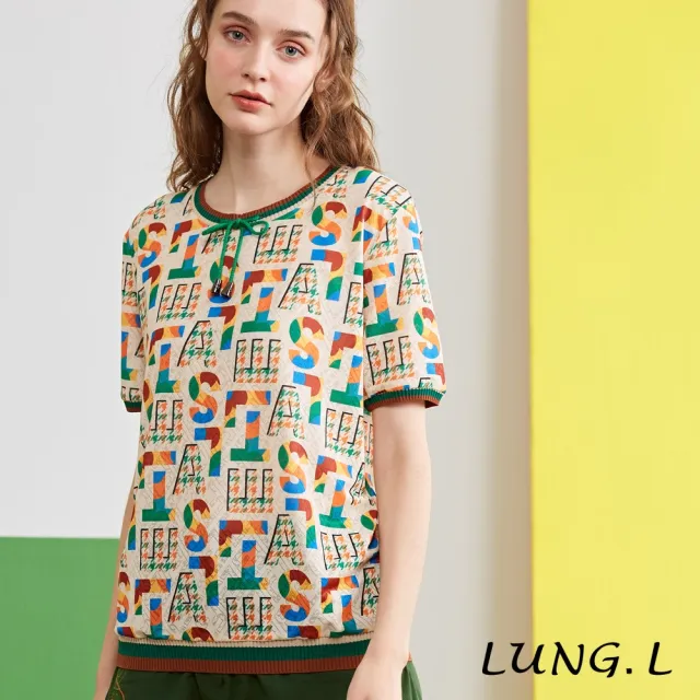 【LUNG.L 林佳樺】LP72A米色搭配彩色字母印花短袖女裝上衣(加大尺碼)